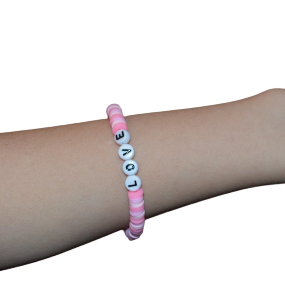 Handmade Clay Beads Elastic Kids Bracelet LOVE word Pink White 2.5 length/half